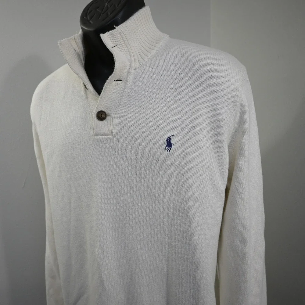 Polo Ralph Lauren Knit Sweater Mens XL Cream Mock Neck Cotton Pullover 3 Button